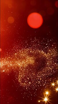 Glowing golden bokeh lights and sparkling glitter particles floating across a rich red orange background, elegant abstract festive scene with warm luminous atmosphere