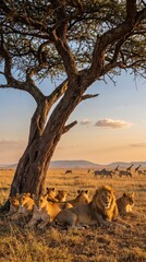 Naklejka premium pride of lions resting under acacia tree on african savanna at sunset. male lion and lionesses in dry grass. zebras in background. wildlife safari, travel destination, nature conservation. copyspace.