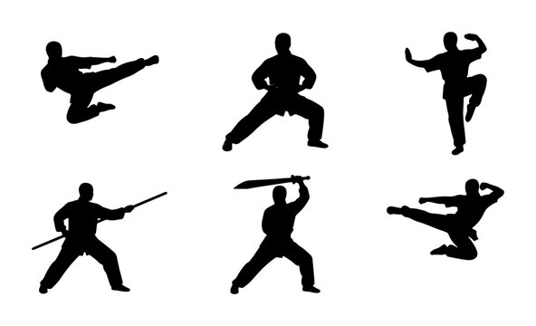 Martial Arts Silhouettes: Dynamic Kung Fu Fighter Poses, Karate Action Figures, Wushu Warrior Poses, Vector Set for Combat Sports and Self-Defense Graphics