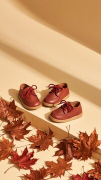 Pair of leather childrens shoes with autumn leaves on warm beige background