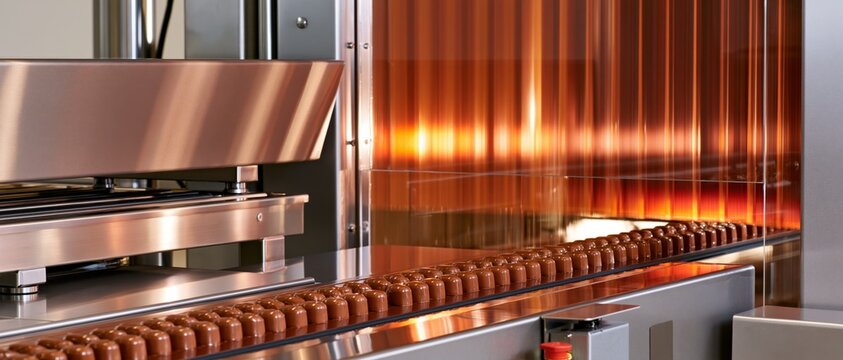 Chocolate confections on production line with enrobing machine and warm lighting