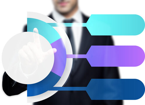 Businessman Touching Infographic Diagram with Text Banners Isolated on Transparent Background