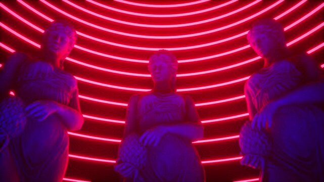 3D Render Low Angle View of Classical Female Statues Under Concentric Red Neon Rings
