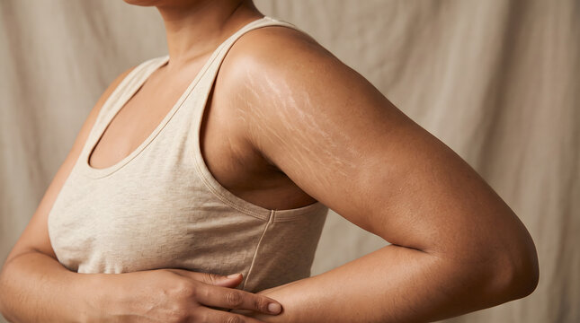woman's upper arms have clearly visible stretch marks.