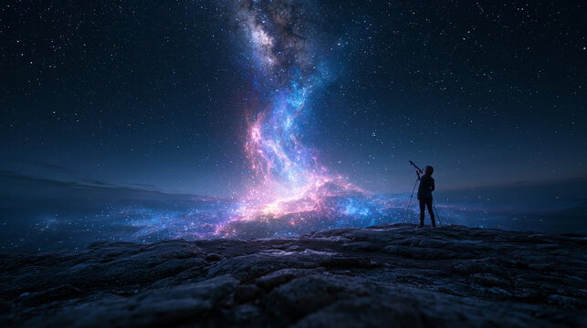 Stargazer Looking at Glowing Cosmic Nebula and Galaxy