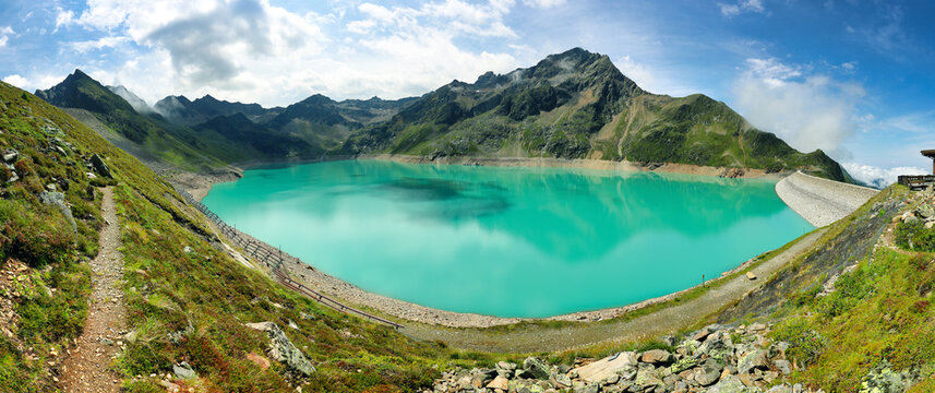 Speicher Finstertal and Speicher L&auml;ngental reservoirs seen from the Neunerkogel on a bright summer day. Both are part of the Sellrain-Silz hydroelectric power station.