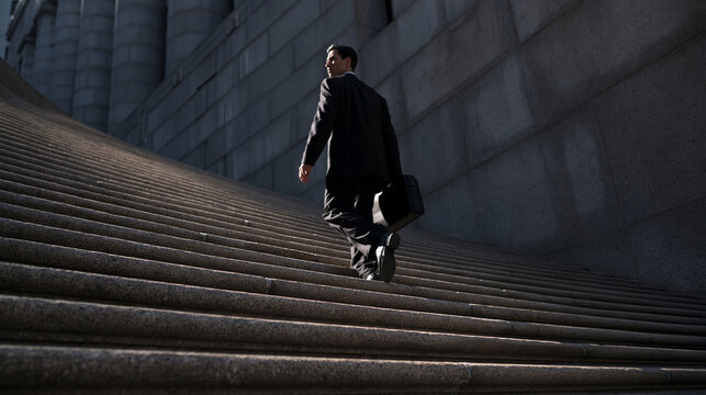 Businessman with Briefcase Walking Up Stone Stairs