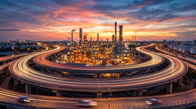 Oil Refinery Plant and Highway Overpass at Sunset