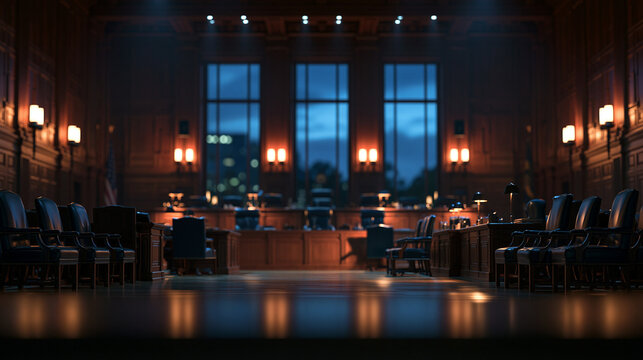 Empty Historic Courtroom Interior with Dramatic Cinematic Lighting