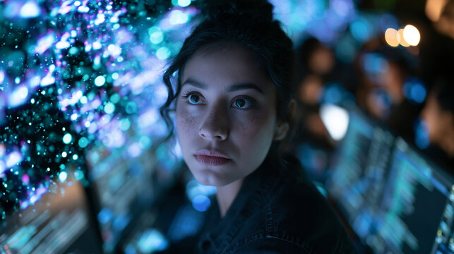 Focused Young Woman Working with High Tech Data Screens