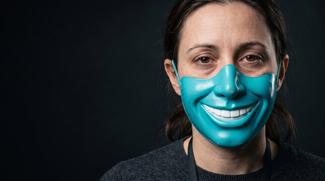 A tired female employee, but wearing a mask of smiles to hide the truth. The concept of workplace burnout and self-deception through masks, with space for copying.