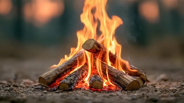 Wood Campfire Burning Outdoors at Dusk