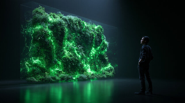 Man Looking at Glowing Bioluminescent Plant Installation in Gallery