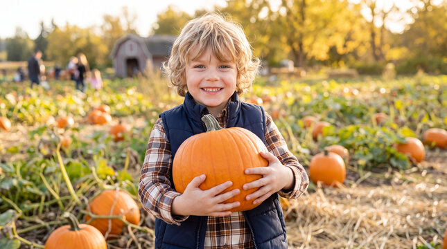 Young boy with curly hair holds a pumpkin in a pumpkin patch surrounded by orange pumpkins and autumn foliage under a clear blue sky