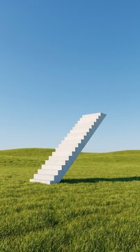 white staircase leading upwards in green grass field under clear blue sky. surreal landscape concept of success, progress, and journey. background, conceptual design, poster with copyspace.