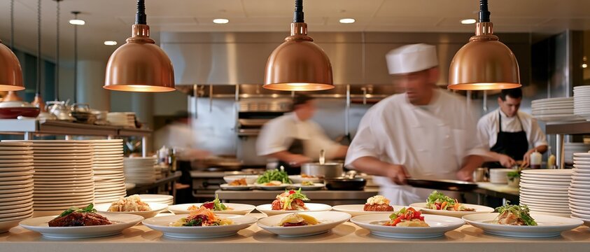 Plated dishes in busy restaurant kitchen with chefs at service pass under copper pendant lights