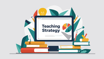 Fototapeta premium Modern flat vector illustration concept of teaching strategy with computer screen and books.