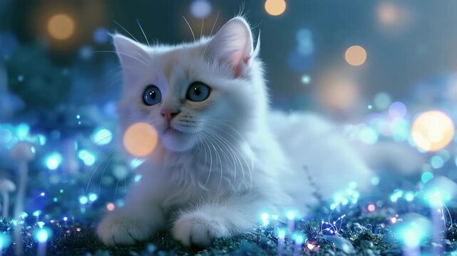 Cute cat surrounded by warm glowing bokeh lights creating a cozy dreamy atmosphere, charming pet portrait with soft golden illumination