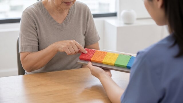 Tactile pain communication: A patient selects among textured color blocks to communicate discomfort during a medical consultation