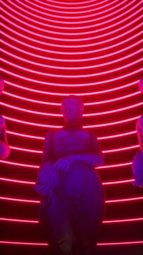 Cyberpunk Motion Background of Sculpted Statues in Circle with Neon Red and Blue Lighting