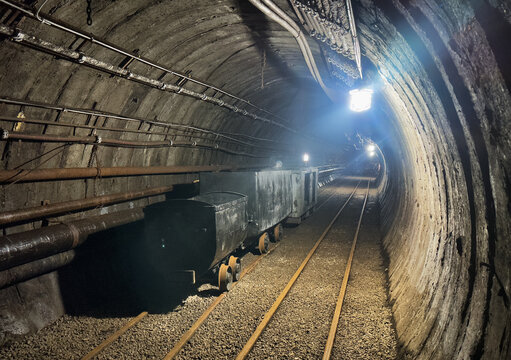 A dimly lit tunnel features a worn wooden walkway and rusty railroad tracks. The rough stone walls add to the dark, mysterious atmosphere of this abandoned passage