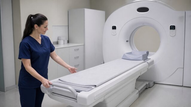 Predictable imaging walkthrough: A radiology technician demonstrates table movement on an empty scanner before the patient approaches