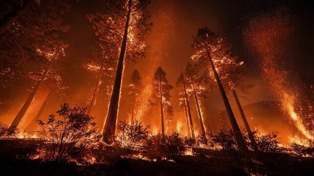 Dramatic forest fire with towering trees illuminated by intense flames and smoky sky landscape