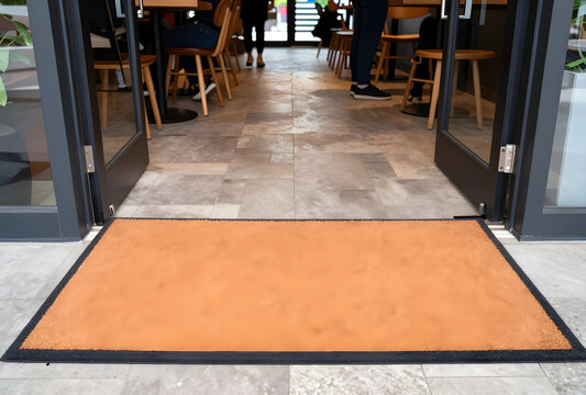 Hospitality and retail business reopening, empty welcome mat at entrance of modern cafe with customers in background and open glass doors