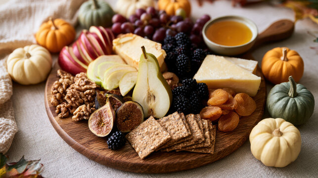 Autumn harvest charcuterie board with pears, apples, figs, blackberries, grapes, cheese, crackers, walnuts, dried apricots and honey surrounded by decorative pumpkins