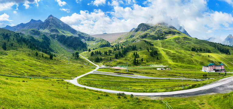 Wonderful panorama view of the Tirol Mountains with Alpine dams: Speicher Finstertal on the left and Speicher L&auml;ngental on the right in Kuhtai in Tirol, Austria