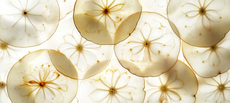 Collage of Circular Fresh Apple Slices with Distinct Cores Arranged as a Translucent Food Background