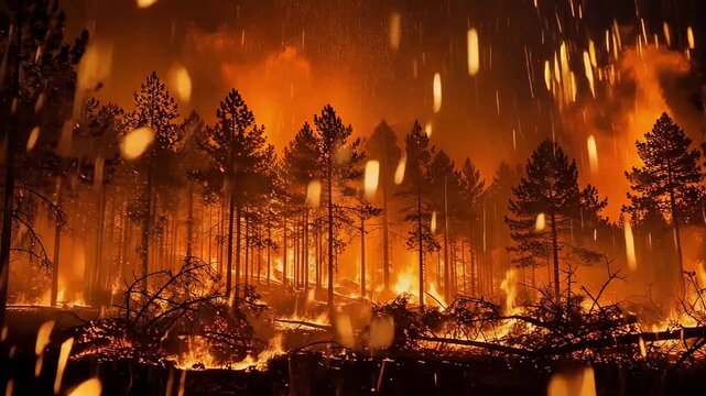 Firefly forest fire video showing powerful blazing wildfire and nature destruction in vibrant orange flames