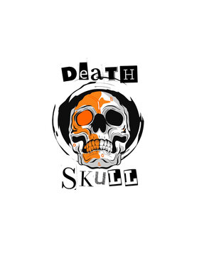 Orange Black and White Grunge Skull T-Shirt - 1