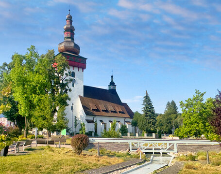 Catholic Church of St. Catherine of Alexandria in city Handlova, Slovakia, Europe. Sunny morning cityscape of Handlova city the Prievidza District, Trenc&iacute;n Region in the middle of Slovakia