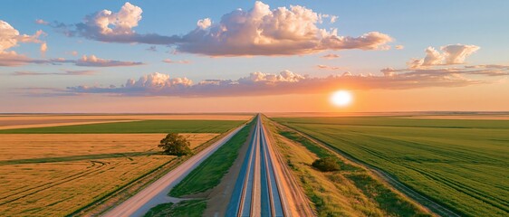 Naklejka premium Railroad track laid through open country fields at sunset with golden light and dramatic clouds