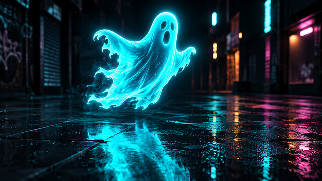A glowing neon blue ghost floats above a wet city street in this vibrant and spooky artistic halloween backround design