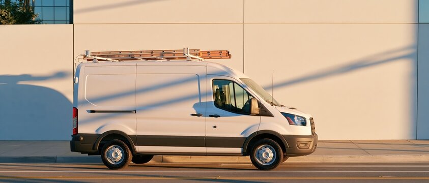 White service van parked on urban street early morning with ladder on roof rack