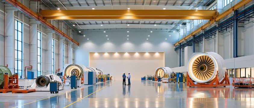Jet engine assembly bay with precision machinery and workers in wide industrial facility