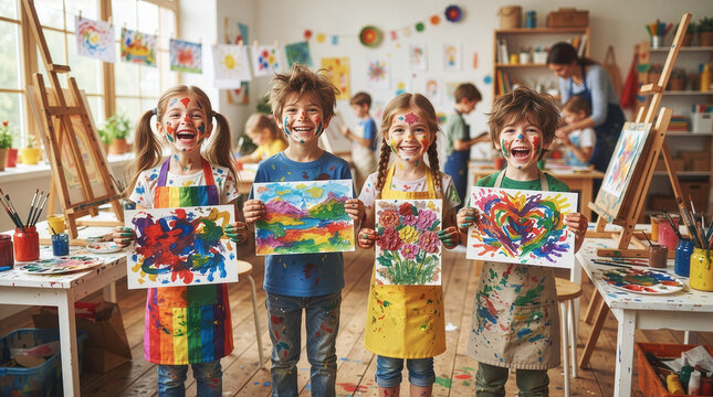 Children holding the drawing boards they are displaying with their fingers painted and paint on them