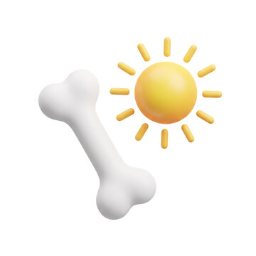 3D stylized bone and sun icon representing Vitamin D and bone health isolated on transparent background