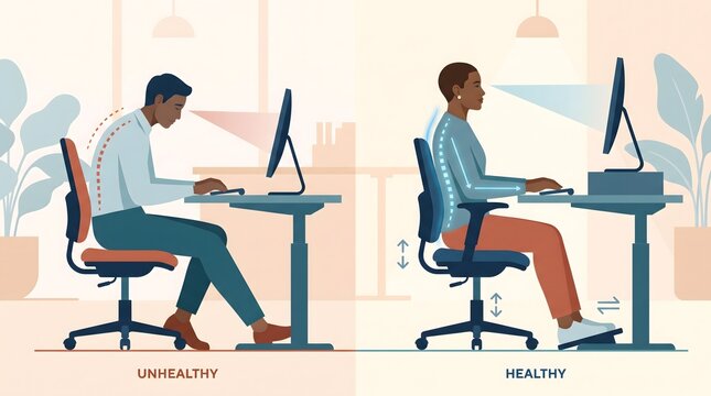 Ergonomic office workstation setup comparison showing optimal spine alignment and proper desk sitting posture for workplace wellness and productivity