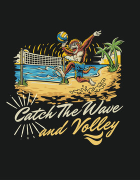 Black Illustrated Monkey Beach Volleyball T-Shirt - T Shirt