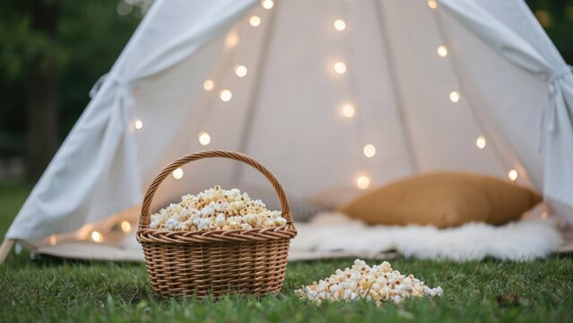Wicker picnic basket with white flowers in front of a glowing tent
