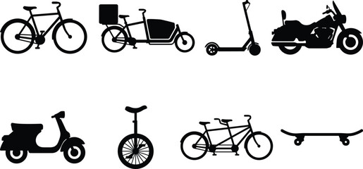 Personal Transport Icon Set Vector Illustration with Bicycle, Cargo Bike, Kick Scooter, Cruiser Motorcycle, Moped, Unicycle, Tandem Bike and Skateboard in Black Silhouette Style © SUMAN