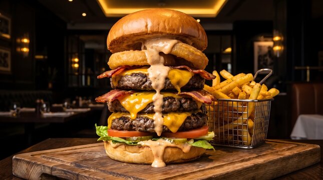 Gourmet triple stacked beef burger with melting cheese bacon onion rings and French fries on wooden board