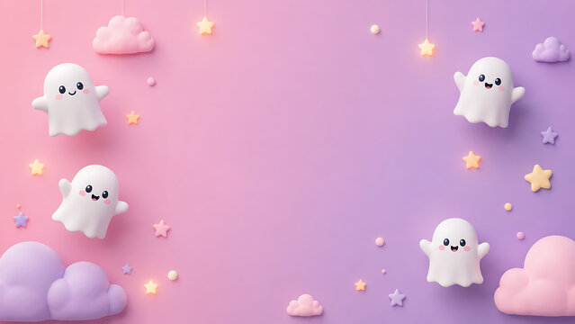 A cute pastel halloween backround featuring adorable floating ghosts with glowing stars and soft fluffy clouds for festive holiday design