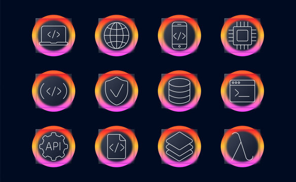 Software development set icon. Round frames display code laptop, web globe, code phone, circuit chip, bracket pair, check shield, data cylinder, command terminal, api gear, code sheet, layer stack