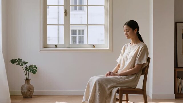 Asian woman practicing deep breathing and mindfulness at home