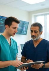 Fototapeta premium Healthcare collaboration and medical consultation, doctors reviewing patient records on a digital tablet in a modern hospital clinic environment