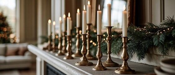 Naklejka premium Warm holiday ambiance radiates from a row of antique brass candlesticks holding lit taper candles on a fireplace mantel, framed by lush pine garland and soft bokeh lights.